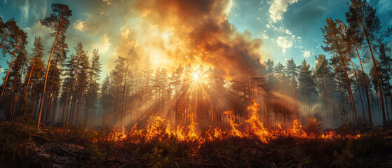 Dramatic forest fire scene with intense flames and smoke engulfing trees, highlighted by rays of sunlight. Environmental disaster and wildfire awareness concept