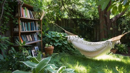 Tranquil Outdoor Reading Nook with Hammock and Bookshelf