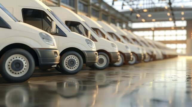 White delivery transportation fleet deployed in clusters at the packing facility and space, Generative AI.