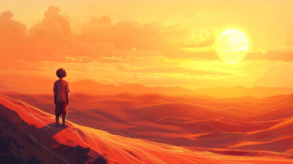 Fototapeta na wymiar A boy looking at desert sunset
