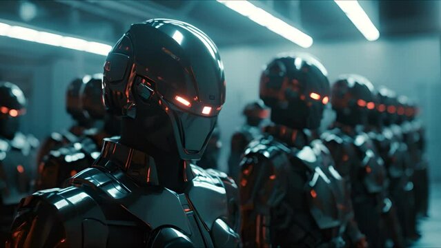 Combat robot in military metal armor. Futuristic cyborg security guard. Technology, robotics, artificial intelligence and future concept.