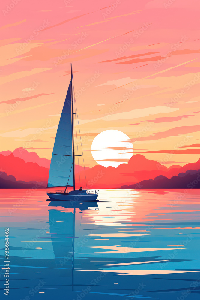 Poster Sunset Serenity: a Tranquil Evening Sailboat Voyage on a Tropical Coast