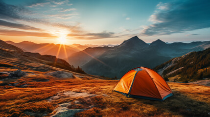 Camping tent high in the mountains. tourist tent camping in mountains at sunset - obrazy, fototapety, plakaty