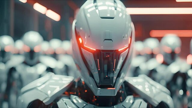 Combat robot in military metal armor. Futuristic cyborg security guard. Technology, robotics, artificial intelligence and future concept.