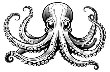 Detailed engraving illustration of octopus isolated on white background, ink sketch - obrazy, fototapety, plakaty