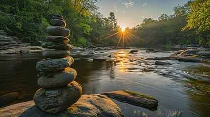 Oval stones stacked on the riverside