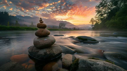 Gartenposter Oval stones stacked on the riverside © Jennifer