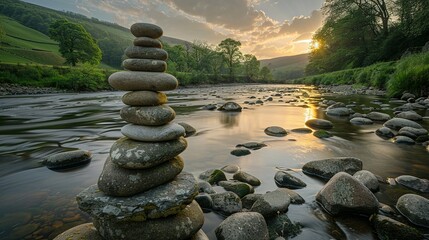 Oval stones stacked on the riverside
