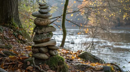 Tuinposter Oval stones stacked on the riverside © Jennifer
