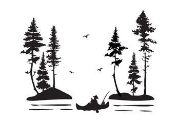 fisherman in a boat in the forest vector silhouette