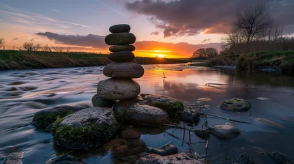 Fototapete Oval stones stacked on the riverside © Jennifer