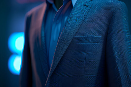 Beautiful men's suit in dark blue colors on a mannequin, close view
