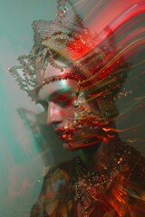 demon covered face bejeweled avant garde model, chromatic aberration, motion, blurred
