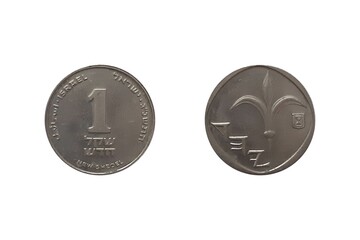 One new Israeli shekel coin isolated on white background 1993. Obverse Lily and letters Yehud...