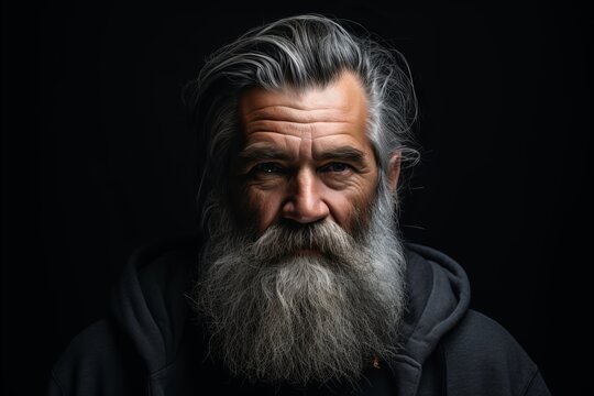 Portrait of an old man with long gray beard and mustache on a black background