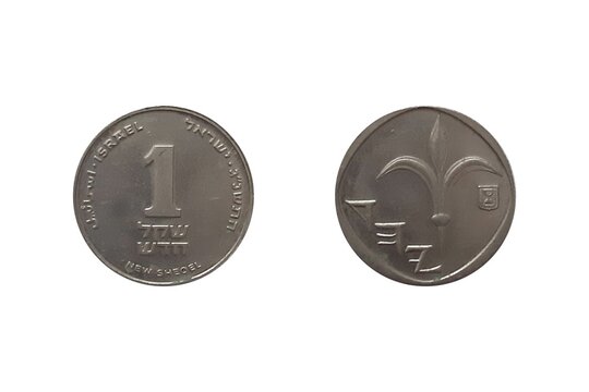 One new Israeli shekel coin isolated on white background 1993. Obverse Lily and letters Yehud (Judah) written in Paleo-Hebrew, resembling images from antique Persian silver coins with state emblem abo