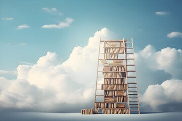 Books on a wooden ladder against a blue sky with clouds. Education concept, book stack with ladder on sky with clouds