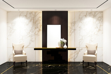 Modern luxury foyer with frame mock up on the wall. Design 3d rendering of marble and brown woods. Design print for illustration, presentation, mock up, interior, display, background. Set 19