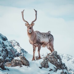 Deer in the snow against the sky and mountain