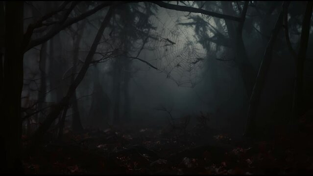 Scary night forest in the fog. A cemetery from a nightmare in the moonlight. Halloween, horror and thriller concept.