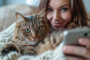 Happy woman takes a selfie with a cat using a smartphone
