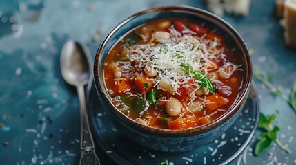 Italian minestrone soup with vegetables, beans, pasta, and Parmesan cheese
