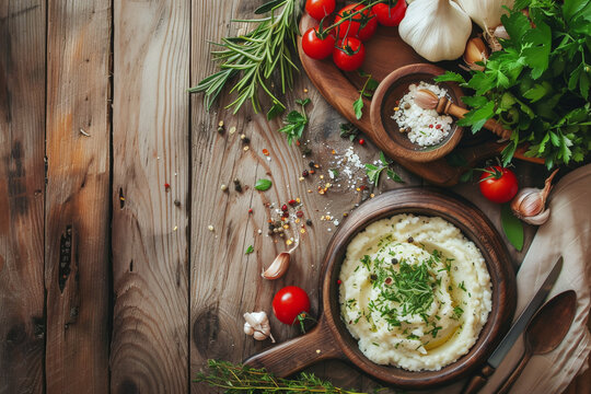 mashed potatoes with vegetables on wooden background, top view