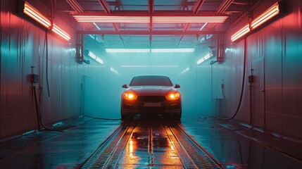 Fototapeta premium Sleek Sports Car in High-Tech Drying Room - Precision Auto Body Finishing