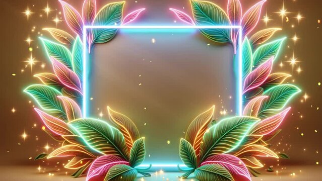 Gold background with neon frame and sparkles.