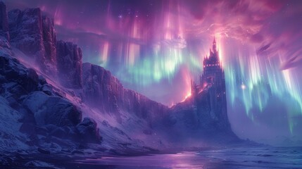 Wizards tower perched on a cliff auroras dancing overhead - obrazy, fototapety, plakaty