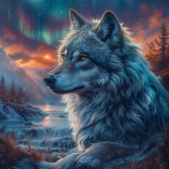 Wolf with northern lights fur icy tundra mystical howl
