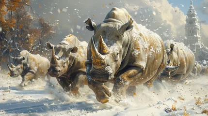 Poster Woolly rhinos charging through a snowy boulevard a frosty spectacle © AlexCaelus