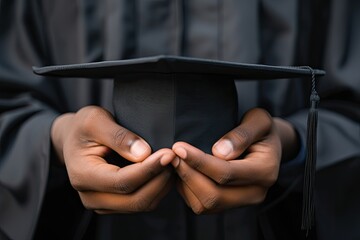 Close-up of a graduate's hands holding a square, black, academic cap