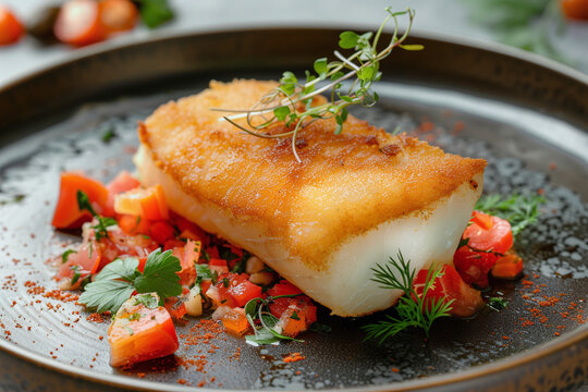 Grilled cod steak along with vegetables on a plate