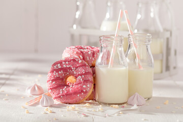 Sweet and delicious pink donuts as a lunch snack.