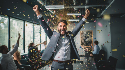 Happy businessman celebrates success with team and confetti in office, generative ai