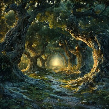 Sacred grove ancient trees whispering secrets of the universe to those who listen