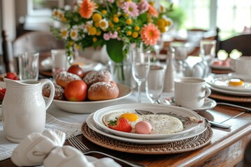 Elegant Easter Breakfast Table Setup with Fresh Eggs and Spring Flowers"