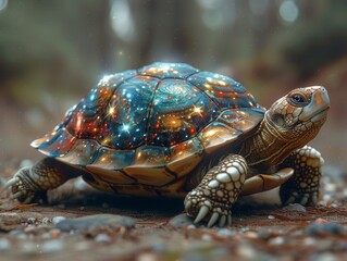Turtle carrying mini galaxies on its shell slowly wandering the void