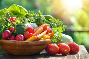 Closeup organic fresh vegetables in a sunlit scene.