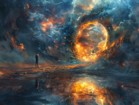 Traveler stepping through a mirror emerging in a parallel universe