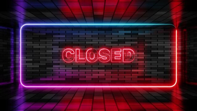Neon sign closed in speech bubble frame on brick wall background 3d render. Light banner on the wall background. Closed loop entrance is unavailable, design template, night neon signboard