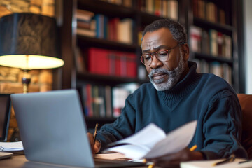Businessman with documents analyzing stock market data on laptop.