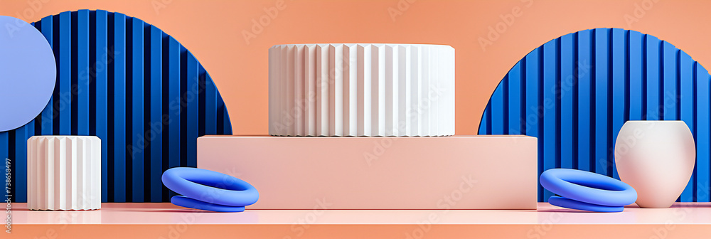Poster modern minimalistic design on pink background: abstract geometric shapes with a pastel podium for pr