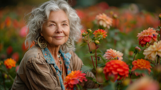 Senior woman in a garden, surrounded by flowers, embodying peace and lifelong joy.