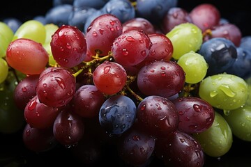 Assorted colorful grapes with water droplets, showcasing a diverse palette of fresh and healthy fruits.