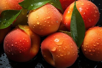Glistening water droplets adorn ripe peaches surrounded by lush foliage, highlighting the succulence of the fruit.