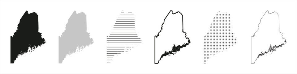 Maine State Map Black. Maine map silhouette isolated on transparent background. Vector Illustration. Variants. - obrazy, fototapety, plakaty