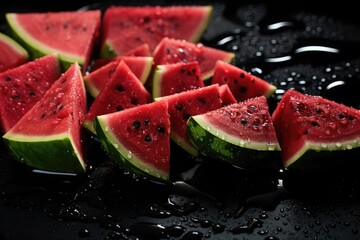 Sliced watermelon pieces neatly arranged on wet surface.