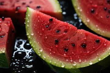 Fresh watermelon slices with water droplets on a dark background, highlighting vivid reds and greens.